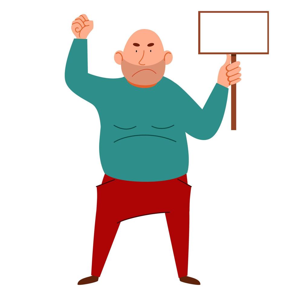 a fat bald man with a sign for the text in his hand. A protesting person against discrimination with a raised fist . vector