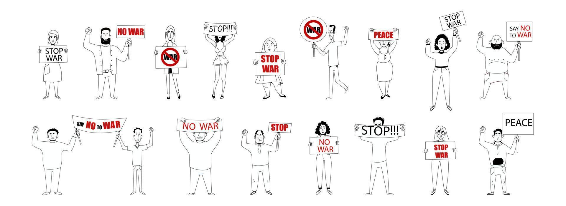 Protesting crowd of people with posters No to war. vector illustration