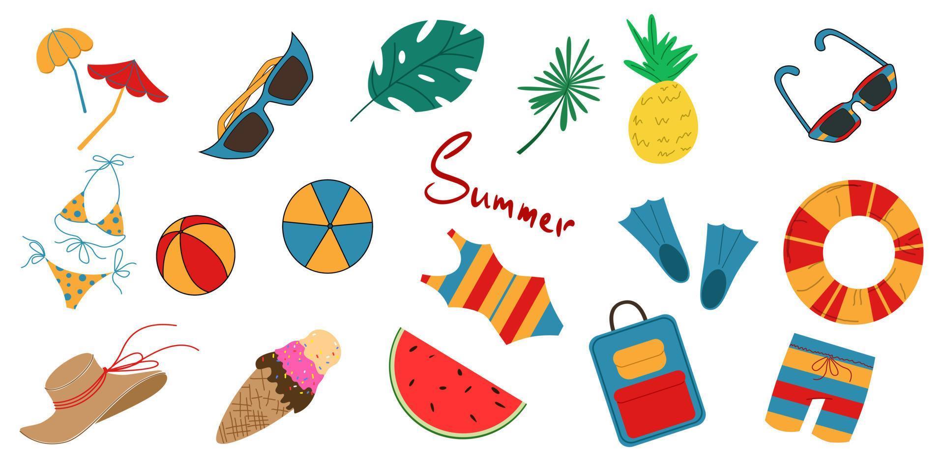 A set of summer products and things. Vector illustration in a flat cartoon style on a white background.