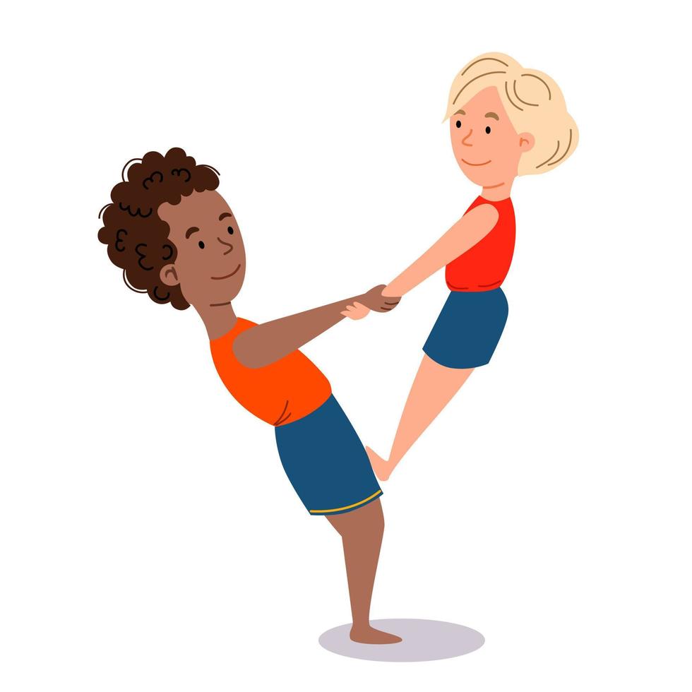 Childrenes sports gymnastics. Pair exercises for the hands. Vector illustration in a flat style, isolated on a white background
