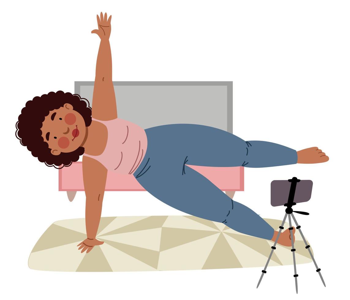 The girl takes online classes on the phone, does yoga. The concept of Stay at home. vector