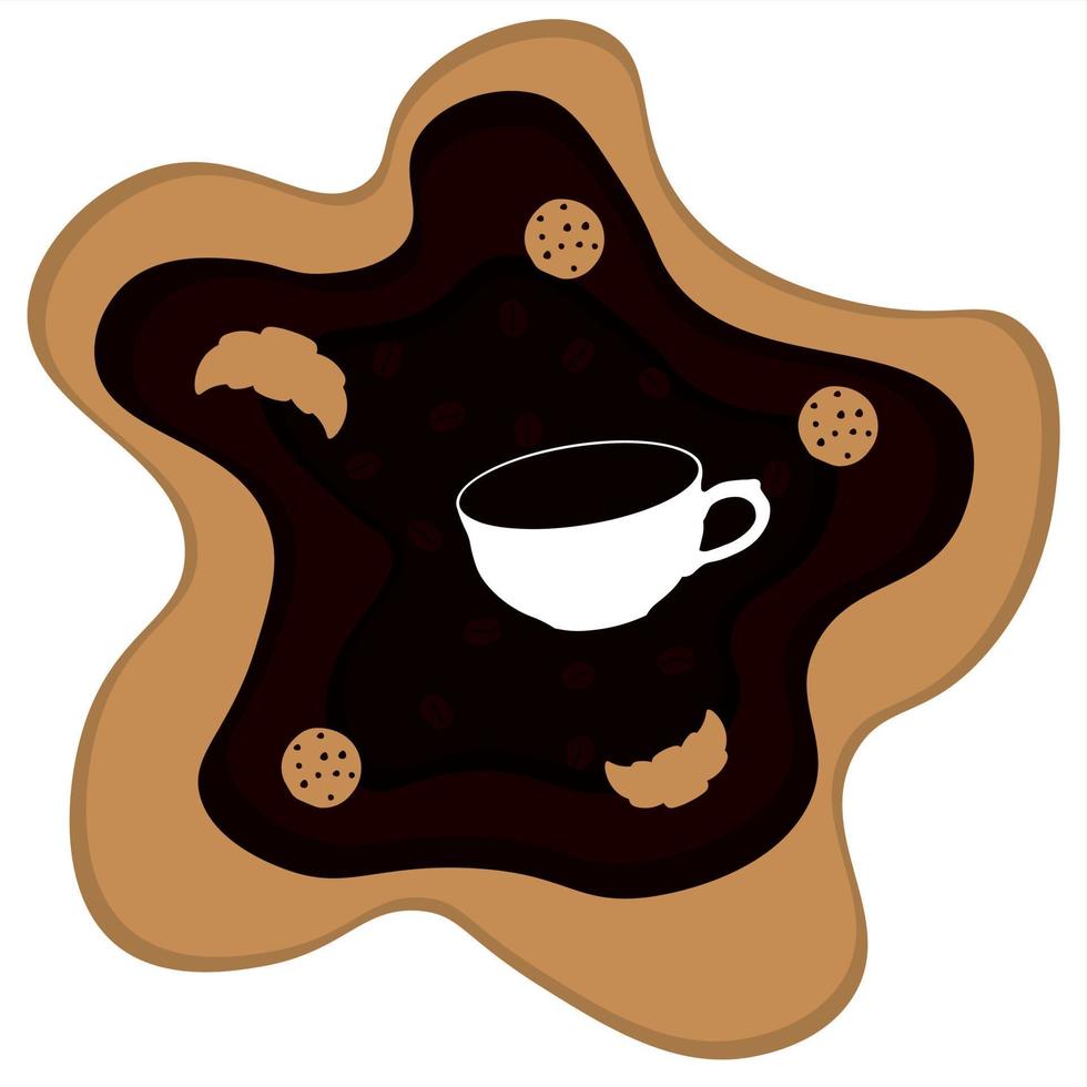 Deep effect layered drawing morning cup of coffee with cookie and croissant vector illustration