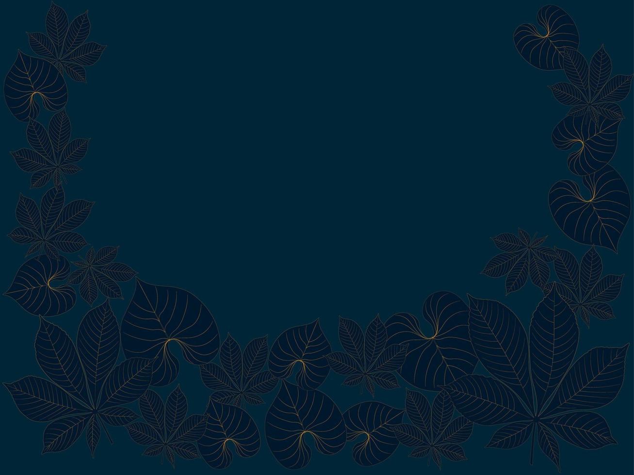 Fondo de paleta azul oscuro y dorado con contornos de hojas ilustración vectorial vector