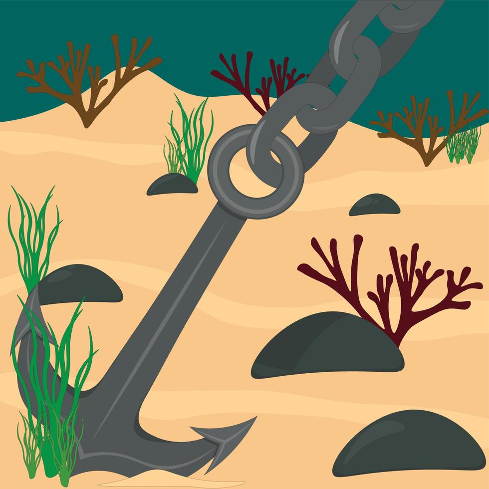 Anchor with chain on sandy sea bottom vector illustration