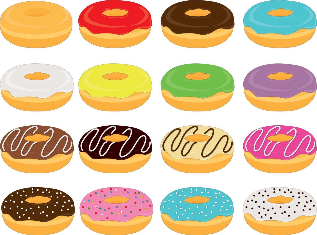 Collection of sweet doughnuts with different frostings and toppings vector illustration