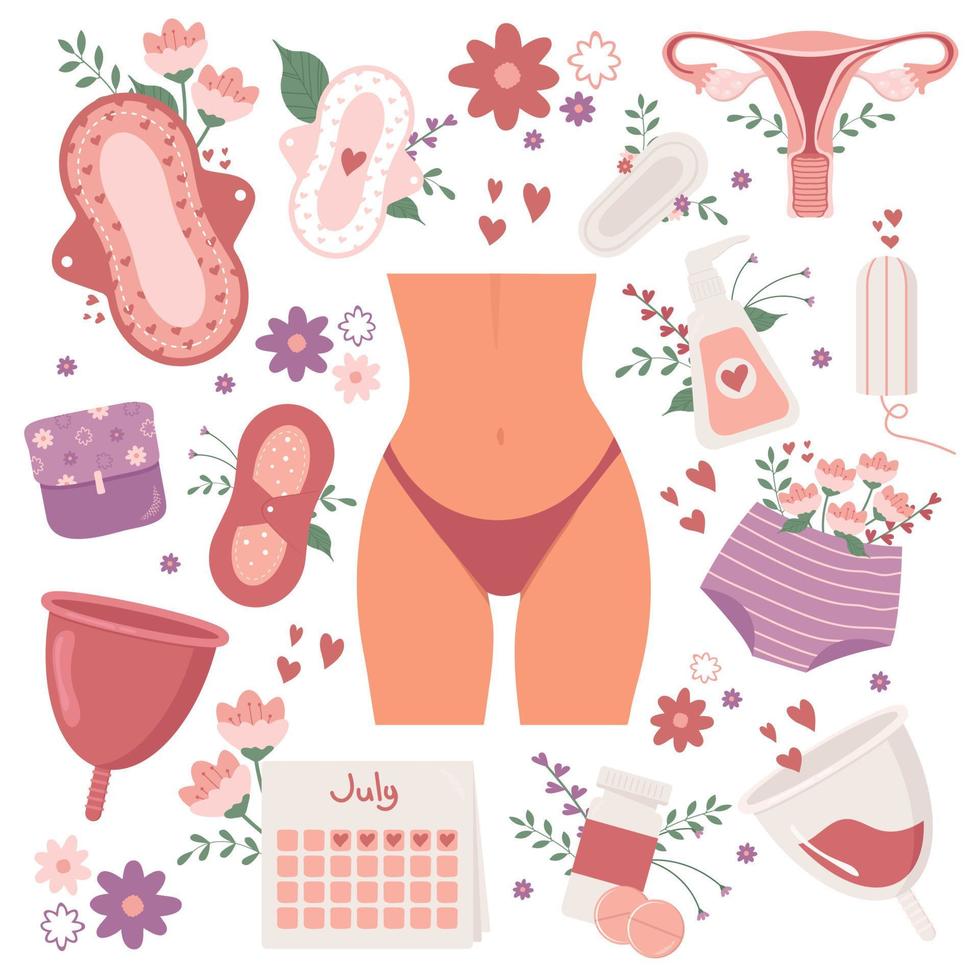 Set of illustrations on menstruation, periods, female uterus, reproductive system. Woman, with flowers, tampons, calendar, menstrual cup, pads. Vector on white background