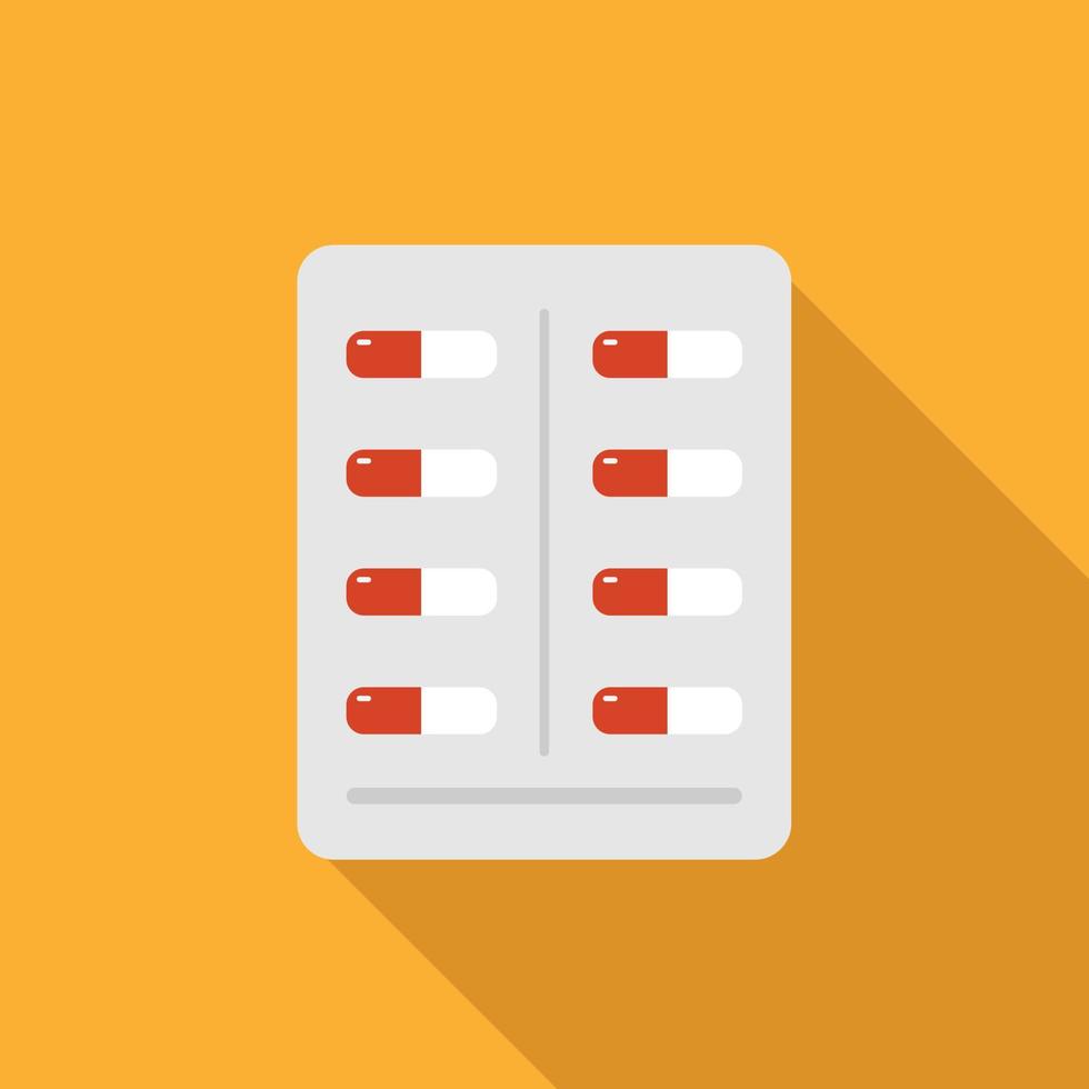 Medicines, capsule blister on flat colour background with long shadow in flat style, vector isolated icon