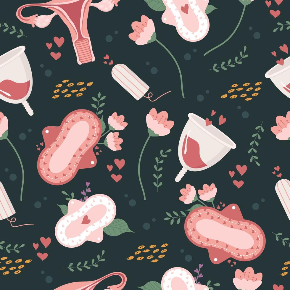 dibujo sin problemas con el tema de la menstruación con útero, tazas y toallitas higiénicas femeninas. fondo repetitivo. Ilustración de vector plano colorido