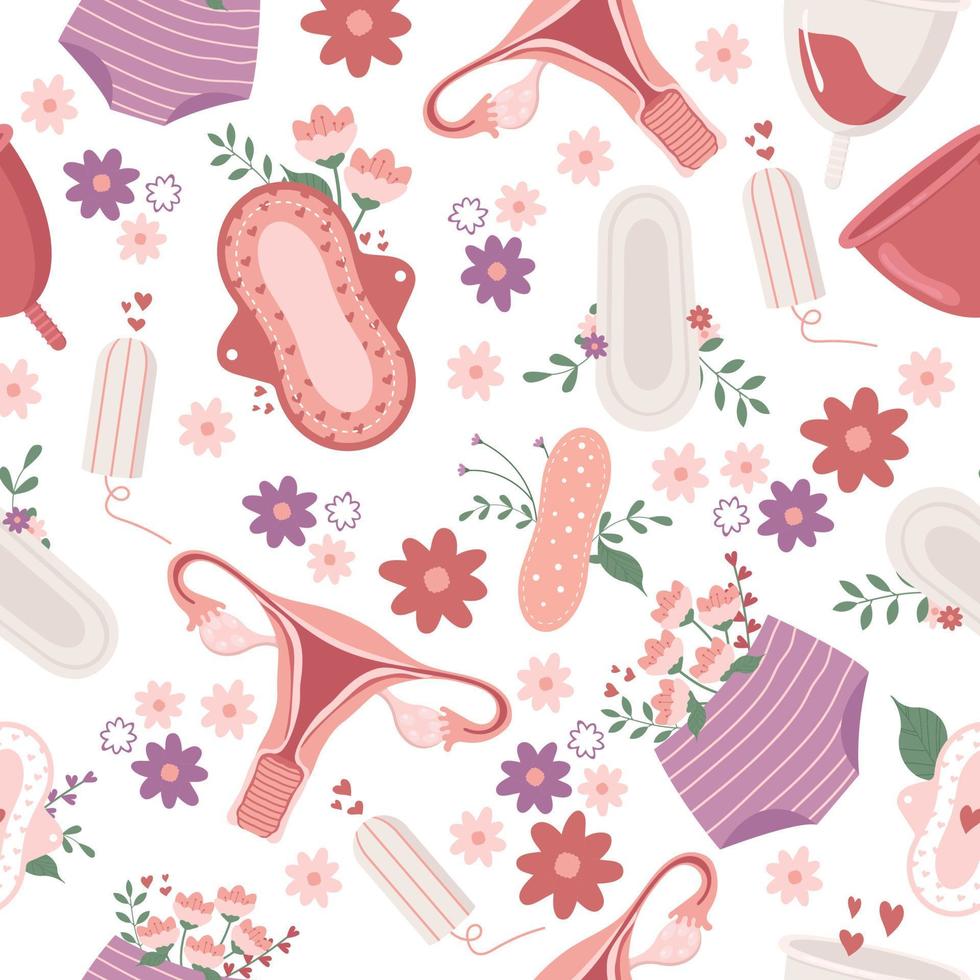 Seamless menstruation-themed drawing with uterus, cups and feminine hygiene pads on white baclground. Colourful flat vector illustration