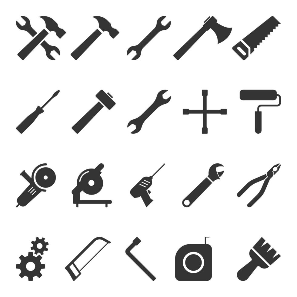 Tool icon collection. Vector illustration. Instrument symbol, wrench, hammer, handsaw, screwdriver, adjustment wrench, paint brush