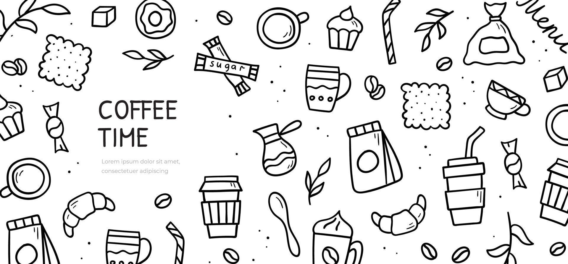 Hand drawn doodle set of coffee theme items. Horizontal banner template. Sketch style illustration. vector