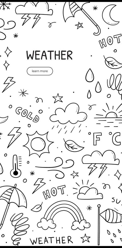 Hand drawn doodle of weather theme. Vertical banner template. Contains sign of the sun, clouds, snowflakes, wind, rain, moon, lightning and more. Sketch style illustration. vector