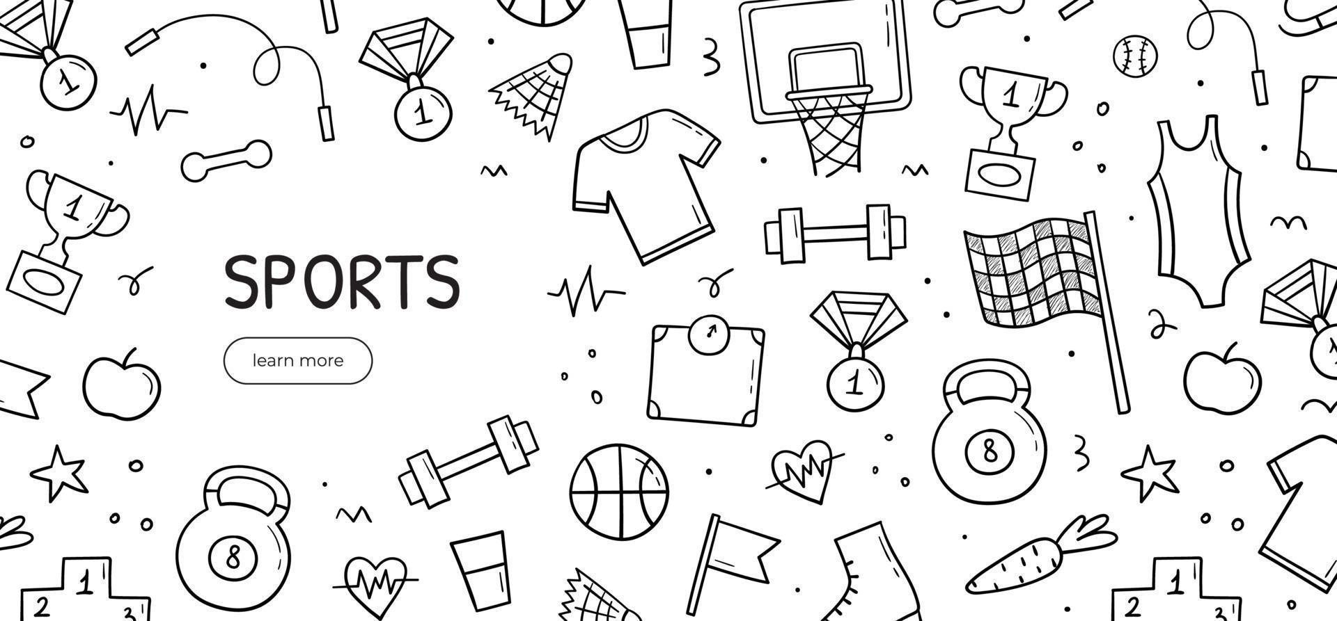 Hand drawn doodle set of sports theme items. Horizontal banner template. Sketch style illustration. vector