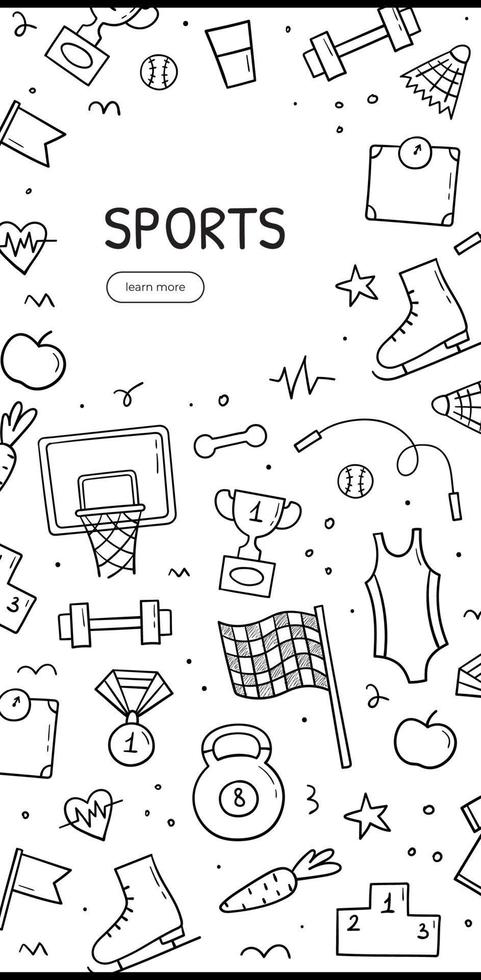 Hand drawn doodle set of sports theme. Vertical banner template. Sketch style illustration. vector