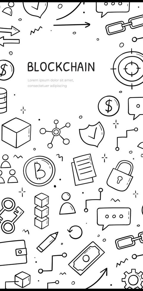 Hand drawn doodle of blockchain theme. Cryptocurrency concept. Vertical banner template. Sketch style illustration. vector