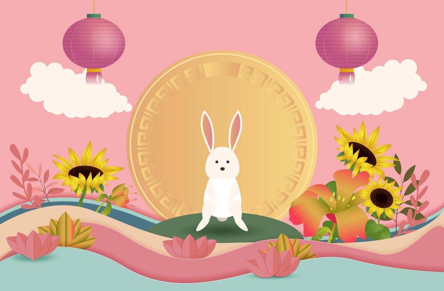 Happy mid autumn festival lovely paper art rabbit elements on pink background vector