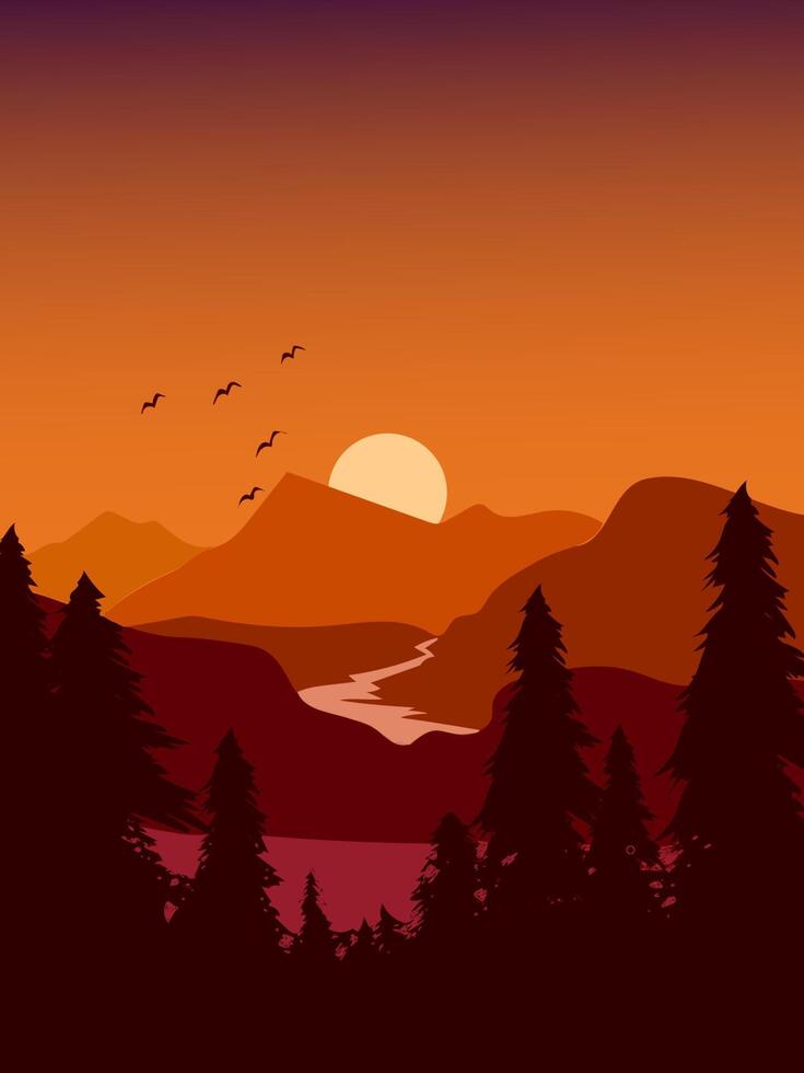 Beautiful peaceful mountain landscape at sunset and sunrise, majestic  nature background,banner,poster, cover set vector illustration. 9098880  Vector Art at Vecteezy