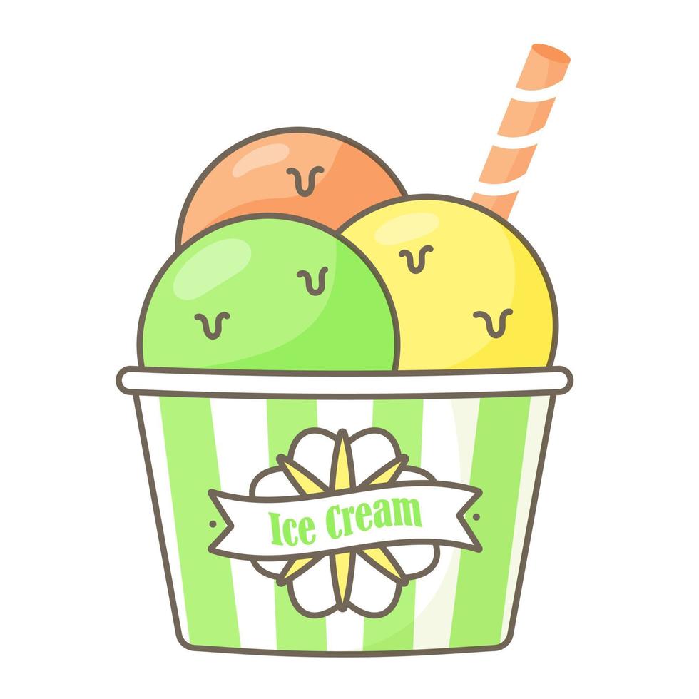 Three scoops of ice cream in a paper striped cup. Vector isolated image in flat style on white background. Cartoon style with outline stroke. The design is suitable for stickers, menus, posters.