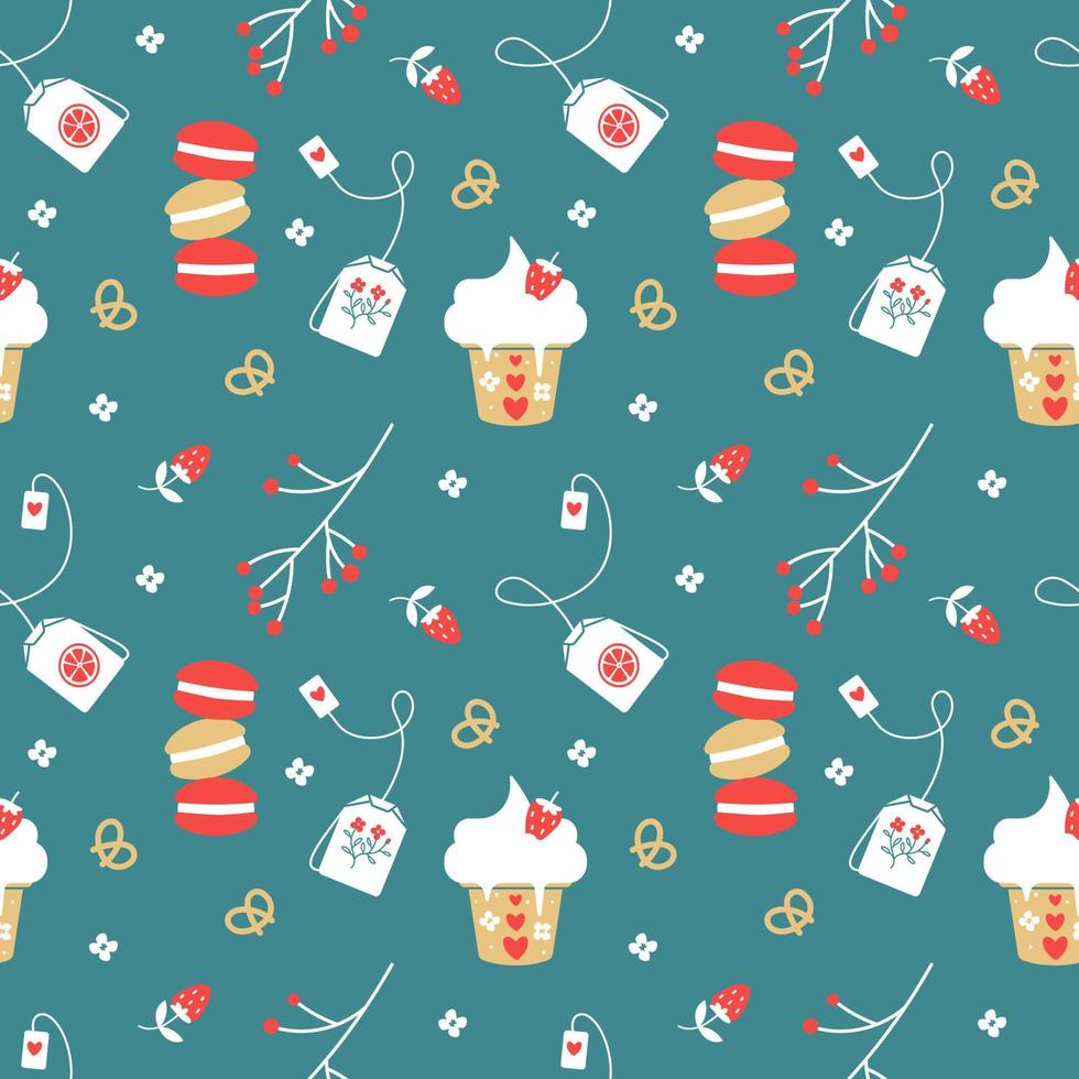 Seamless pattern with red berries, cookies, ice cream and fruit tea on a blue background. Muffin with strawberries and vanilla cream. Tea bags vector