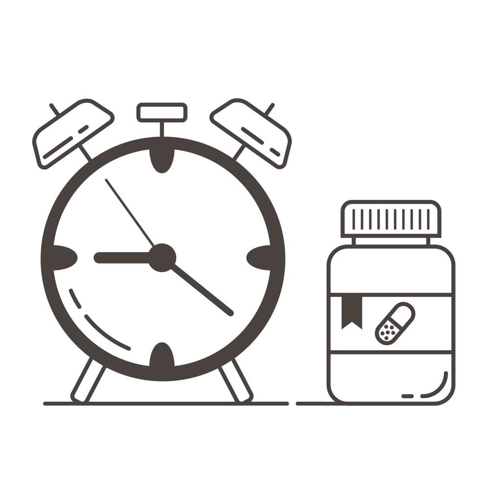 Watches and packaging with pills in outline style. Medication reminder. Treatment for illness. Taking vitamins. Black and white image. vector