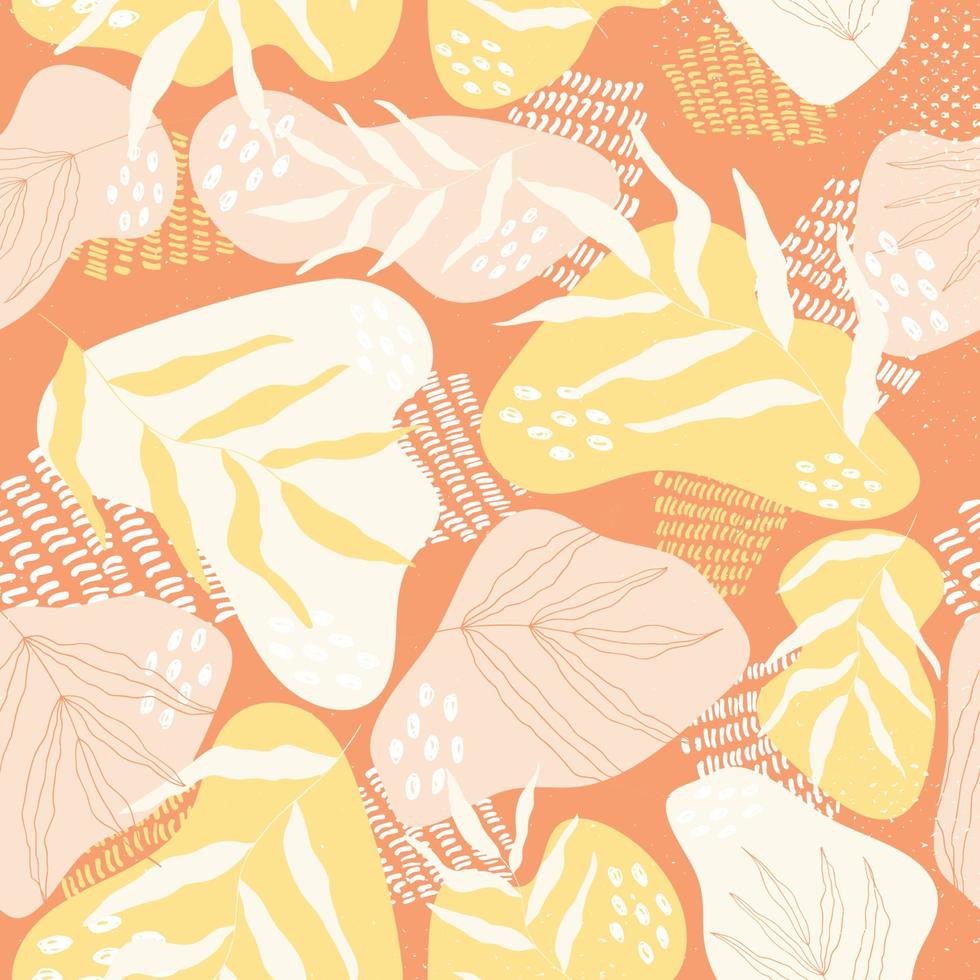 Summer abstract square seamless pattern with leaves in yellow, orange, peach and shabby colours. Vector background.