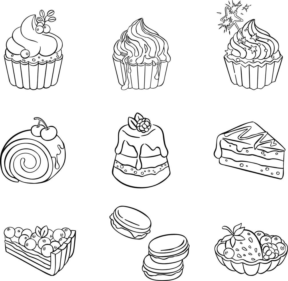 set of sweets cake dessert, hand-drawn illustration vector