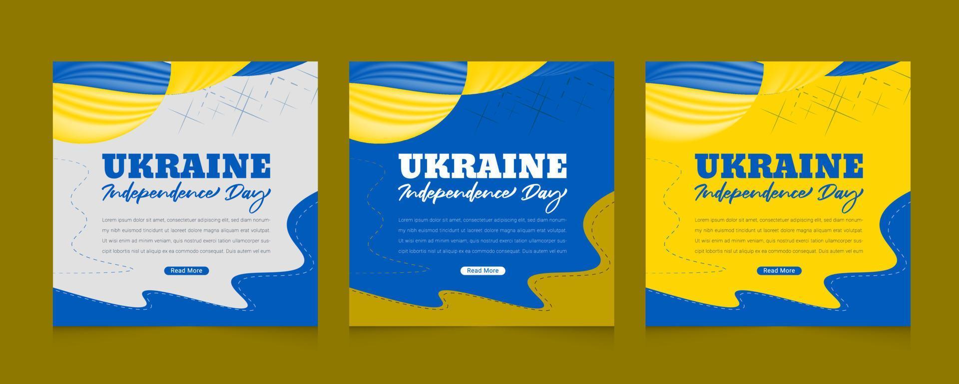 Ukraine independence day celebration with ribbon and 3d flag-waving illustration square banner template set vector