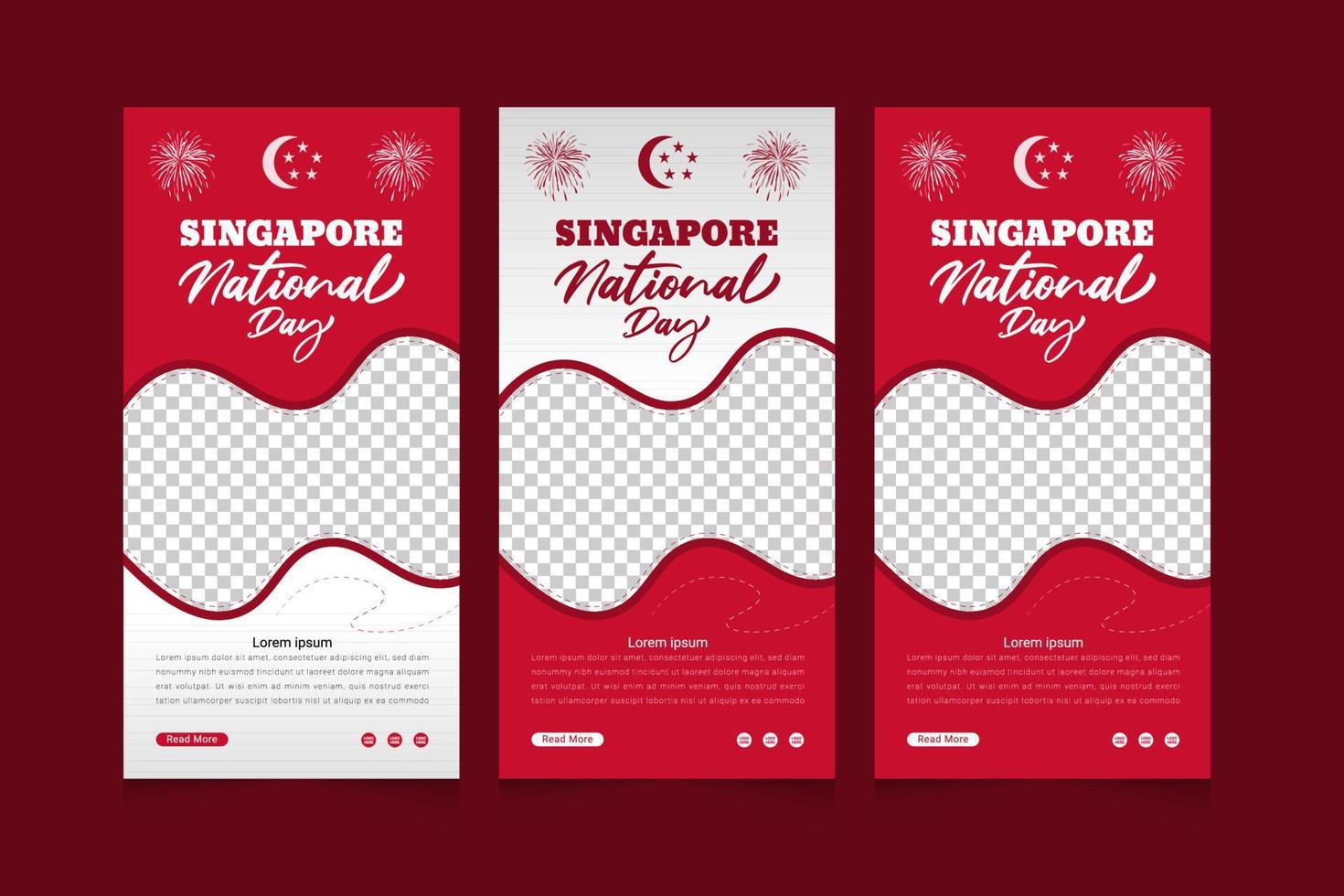 día nacional de singapur realista con conjunto de plantillas de banners verticales y ondeando banderas en 3d vector