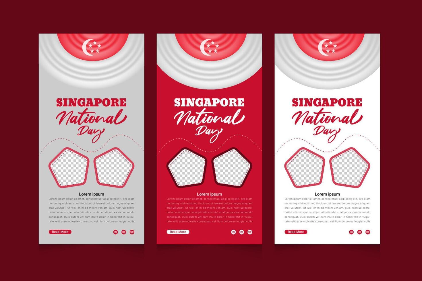 Realistic Singapore national day with 3d flag-waving and vertical banners template set vector