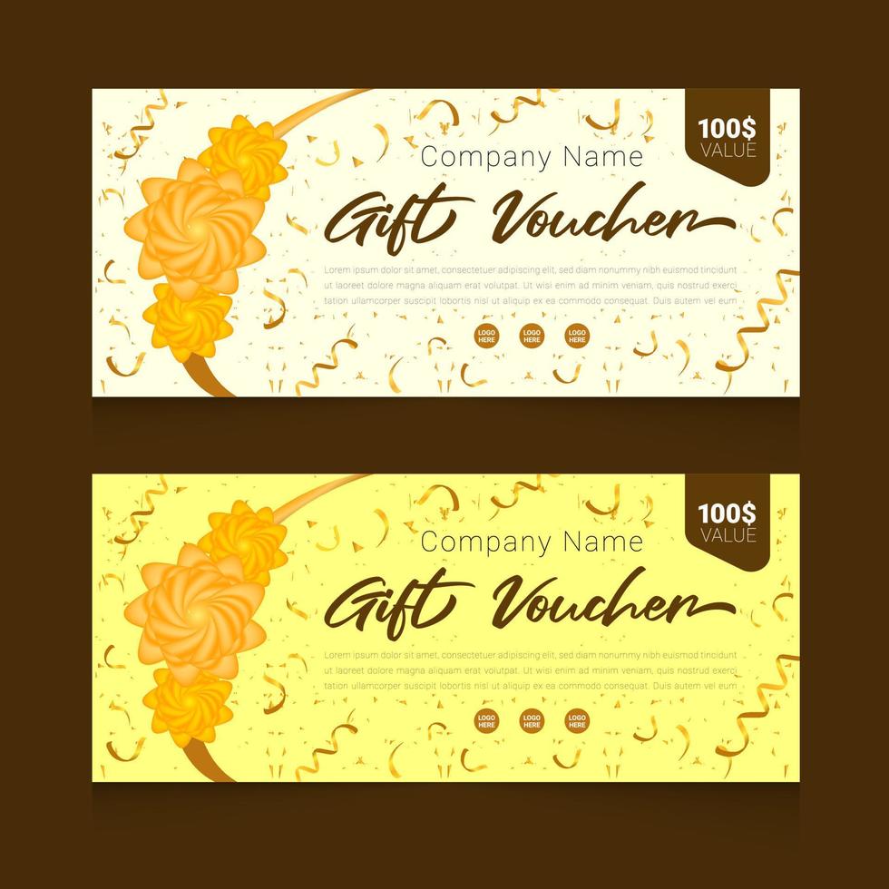 Realistic gift voucher with golden color ribbon horizontal banners template design vector
