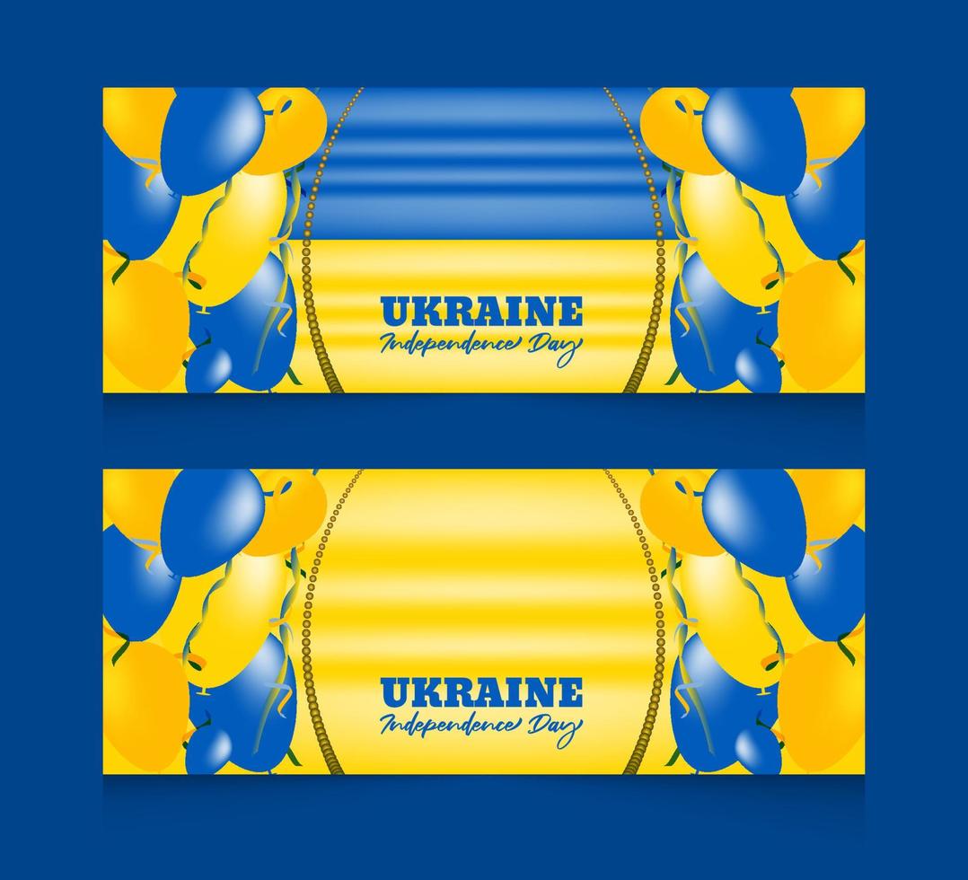 Ukraine independence day celebration with balloon ribbon and 3d flag-waving illustration horizontal banner template set vector