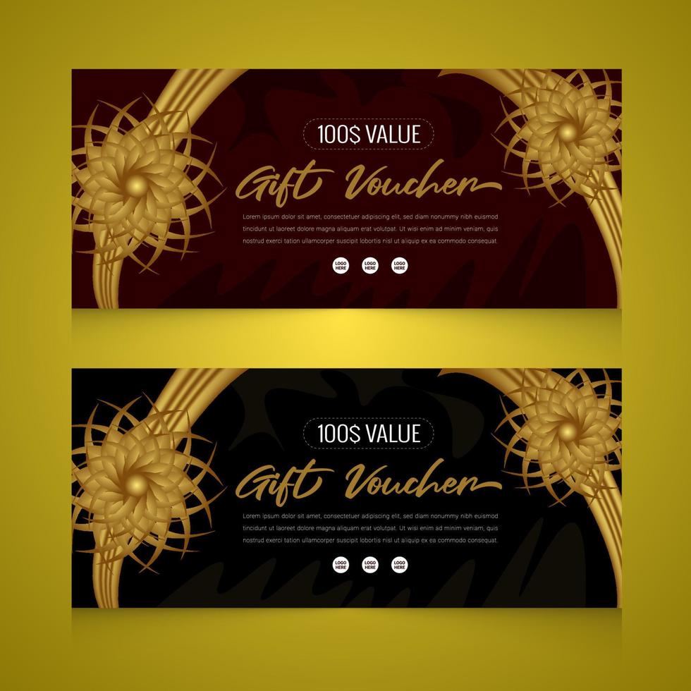 Realistic gift voucher with golden color ribbon horizontal banners template design vector