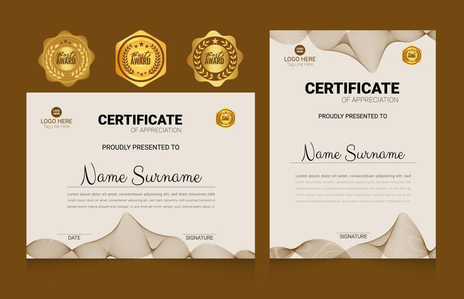 Elegant Certificate Template with best award badge set design vector