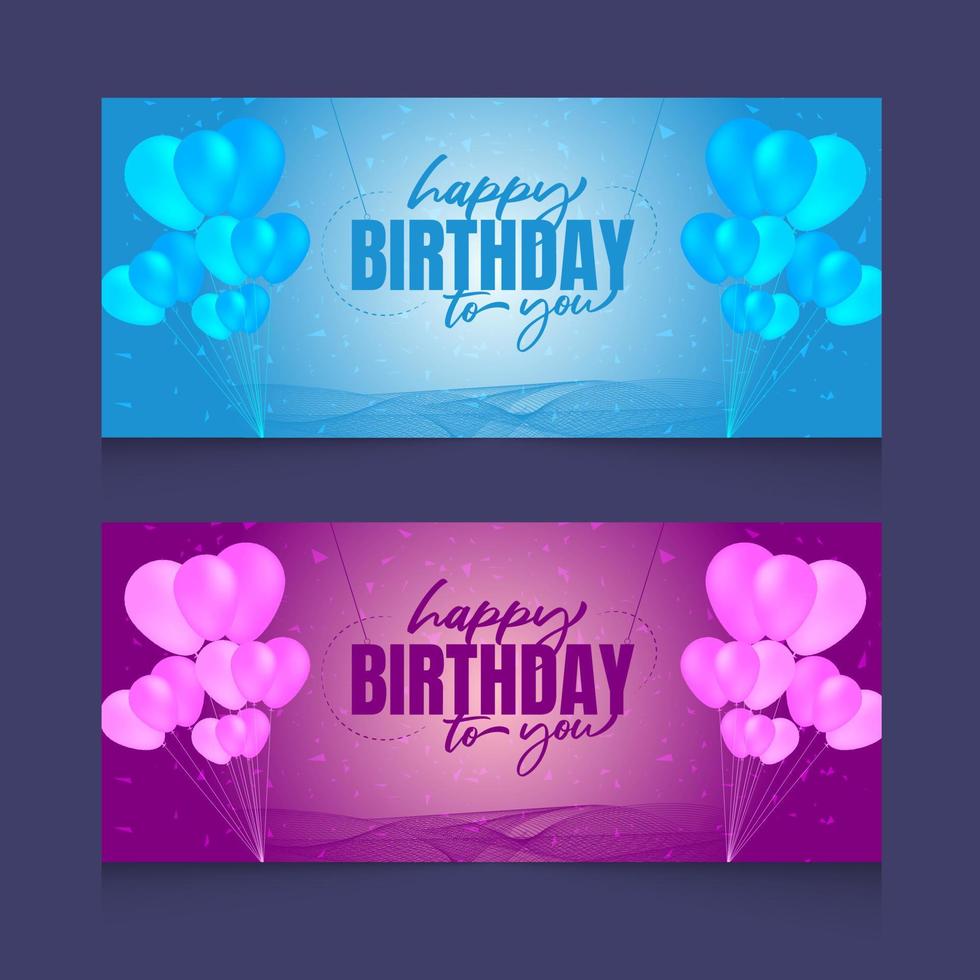 celebración de feliz cumpleaños con globos realistas y diseño de banner horizontal de cinta vector