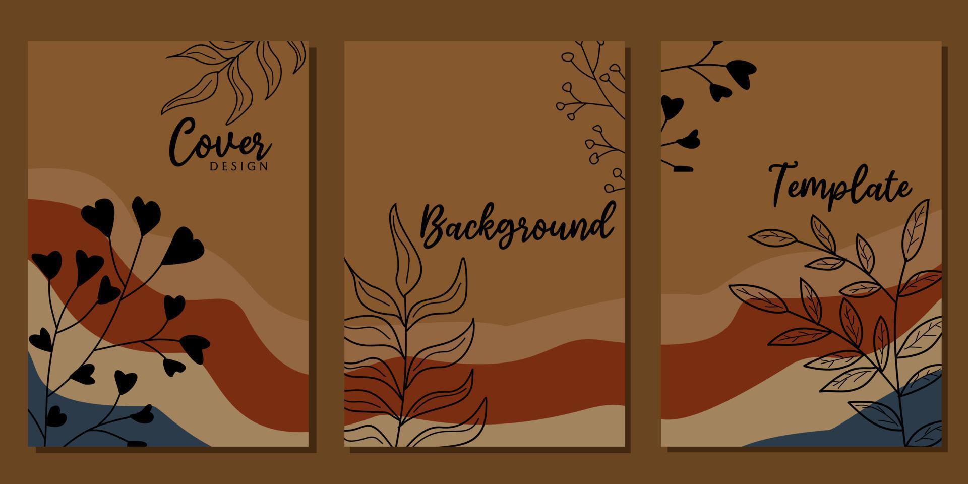 brown color cover template set. aesthetic style abstract background design with hand drawn floral elements. for presentations, brochures, catalogs vector