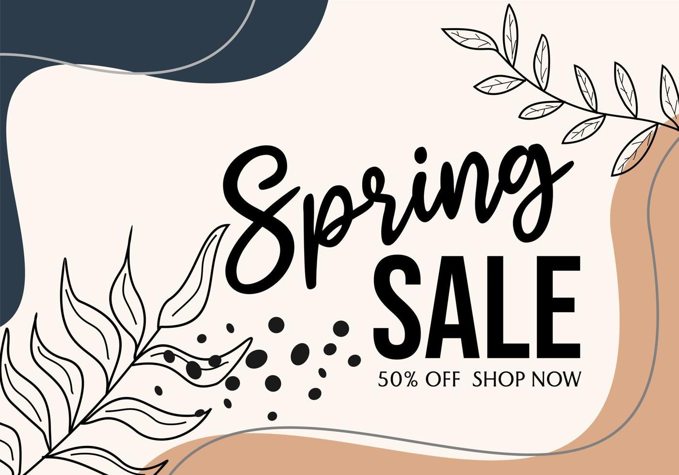 spring sale banner. pastel brown color natural theme design. abstract background with hand drawn floral elements vector