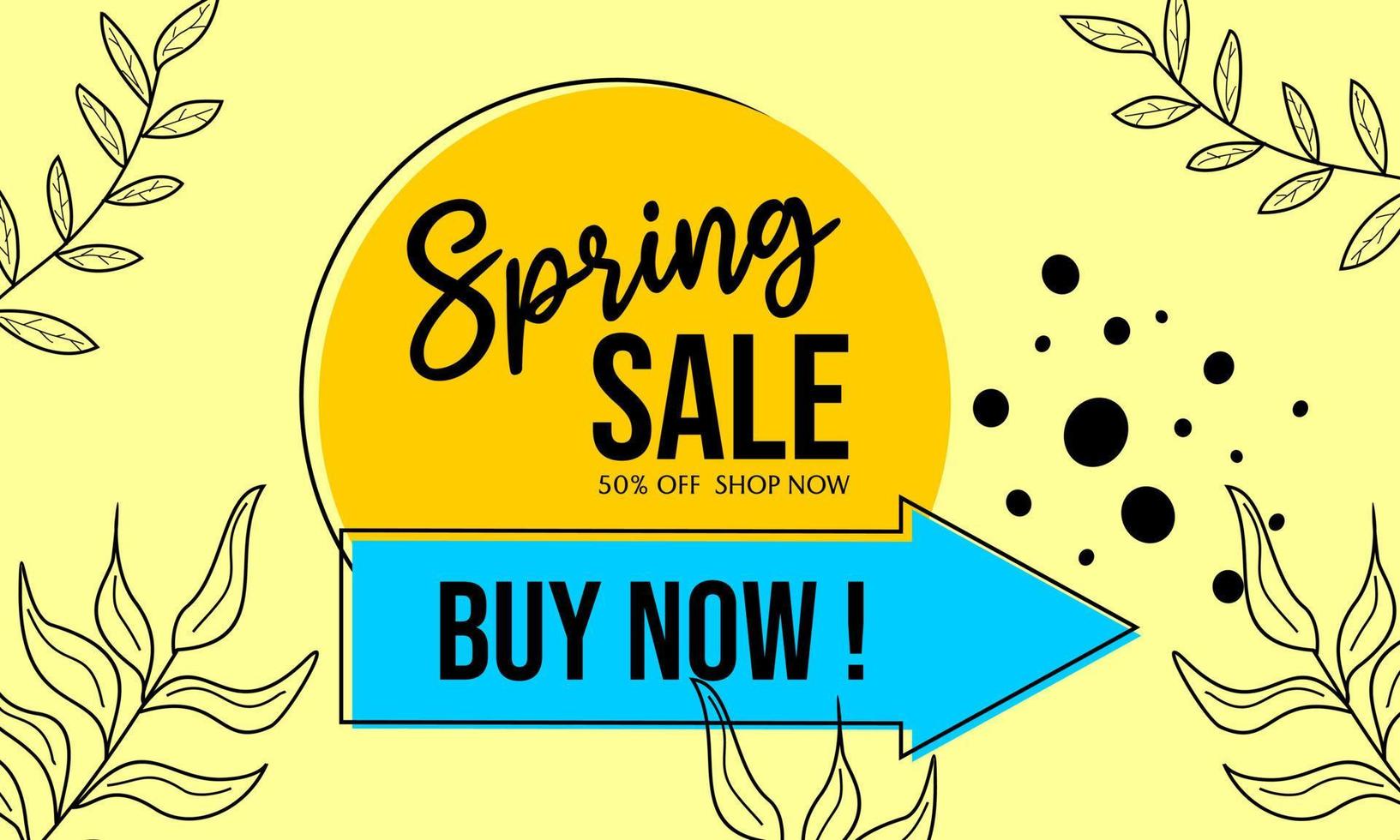 spring discount advertising banner design. yellow background with circle and arrow shape. natural theme advertising badge vector