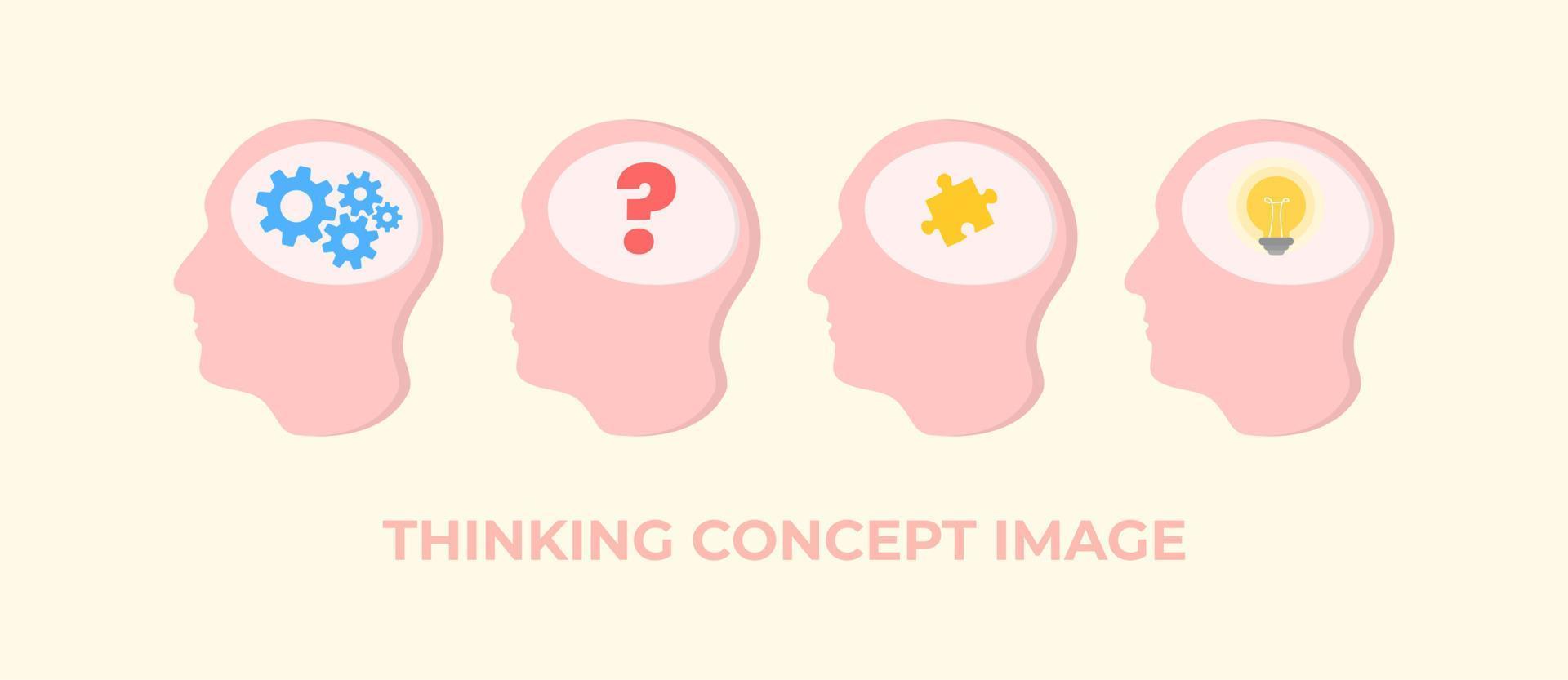 vector image with the concept of people thinking. Images in the form of objects in the head such as puzzles, lights, gear, and question marks