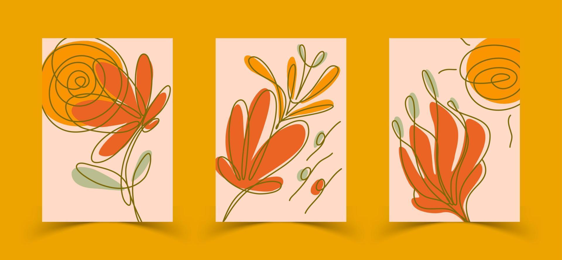 conjunto de plantilla de póster abstracto de línea de flor de flor dibujada a mano vector