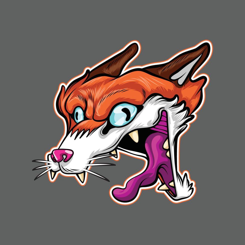Ilustración de vector de zorro loco divertido, cabeza de zorro pegatina divertida