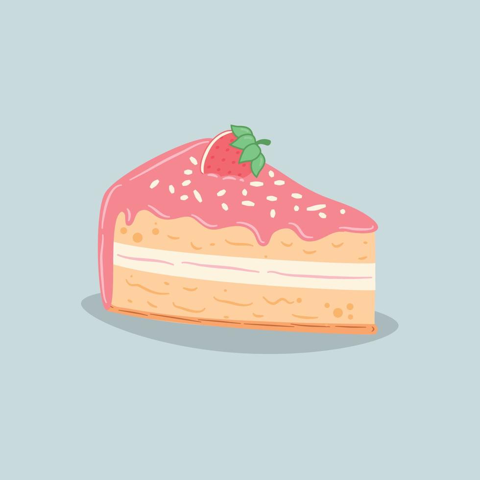 Illustration of cake slice with strawberries isolated on pastel blue background. vector
