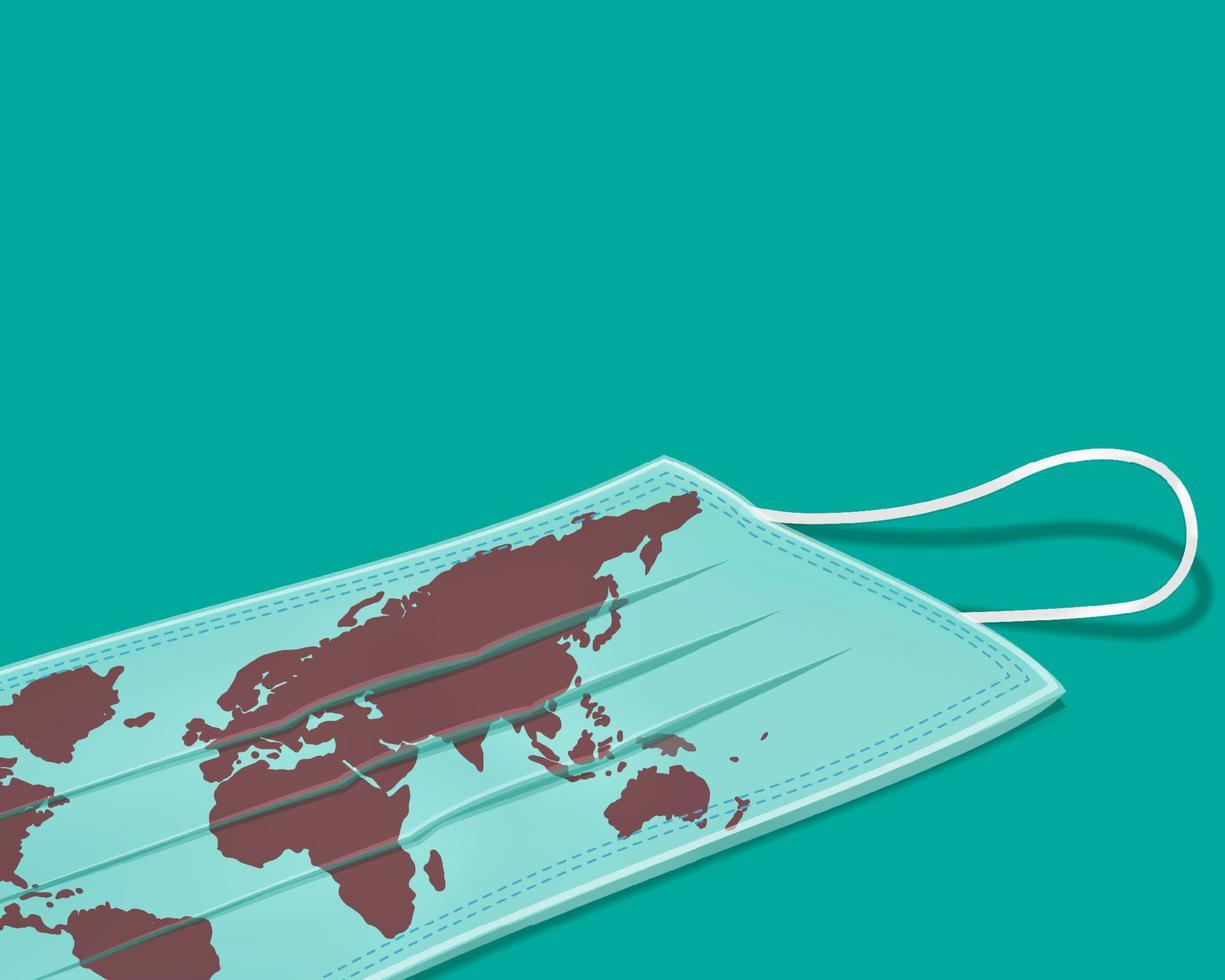 cierre de mascarilla médica verde con mapa rojo de europa, áfrica, asia y australia. cubierta protectora del filtro quirúrgico con mancha de sangre. ilustración de vector de equipo de atención médica.