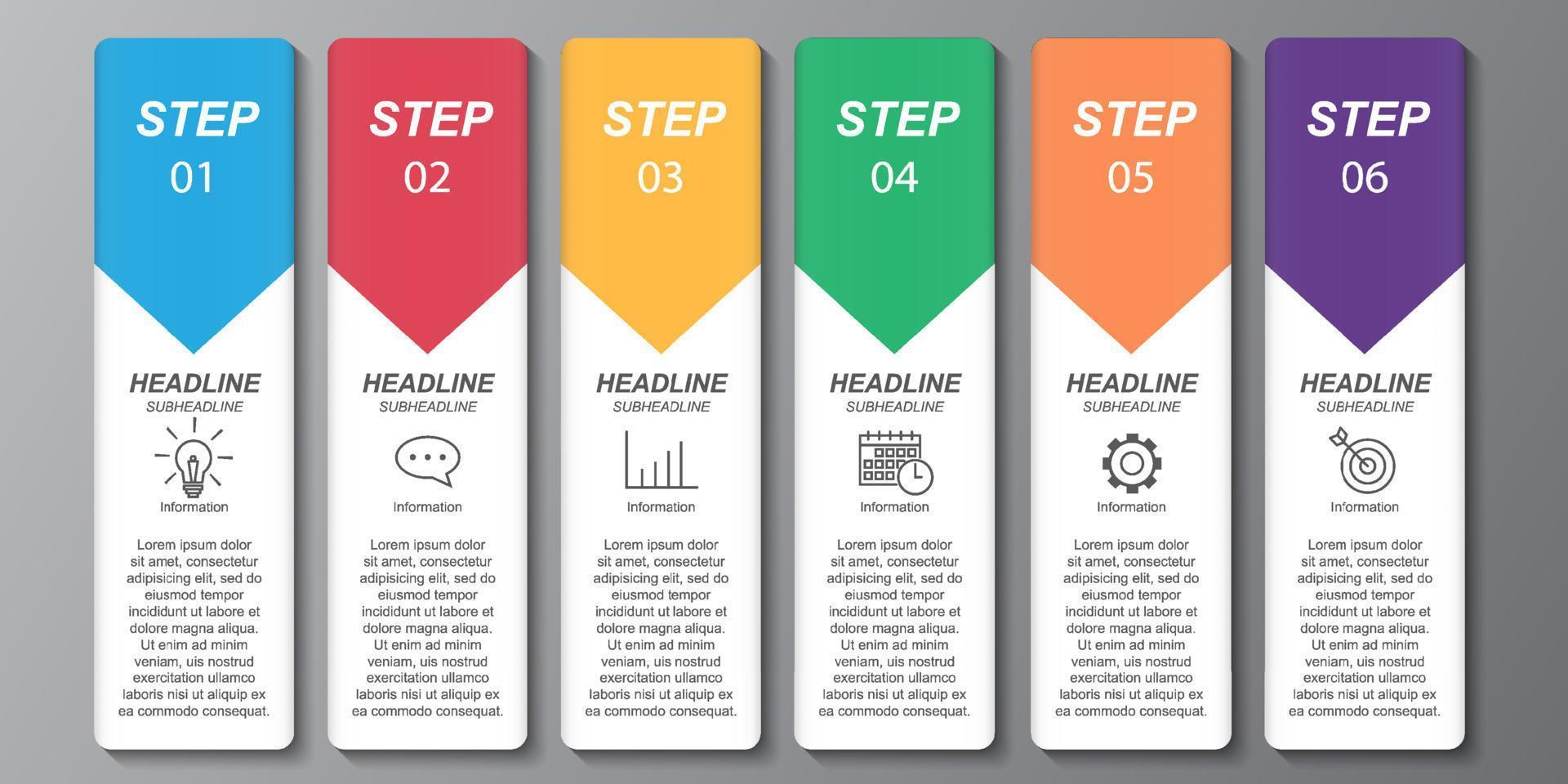 Pastel vertical label information for presentation. Colorful badge geometric business infographic background. Number steps document option element. Six process information template vector