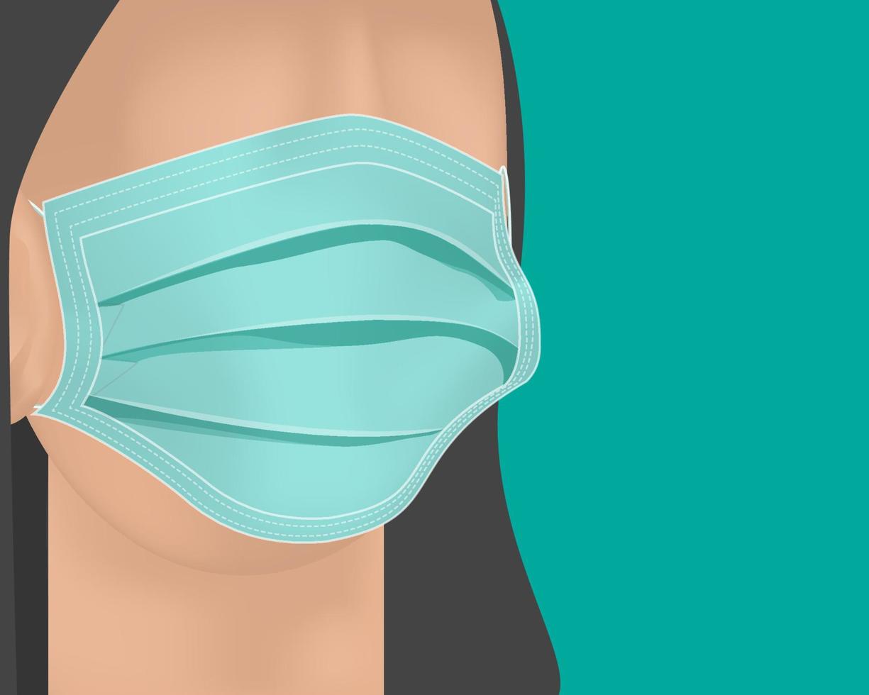 Cubierta de máscara médica verde 3d en la cara de la mujer. máscara protectora de filtro quirúrgico. ilustración de vector de equipo de atención médica.