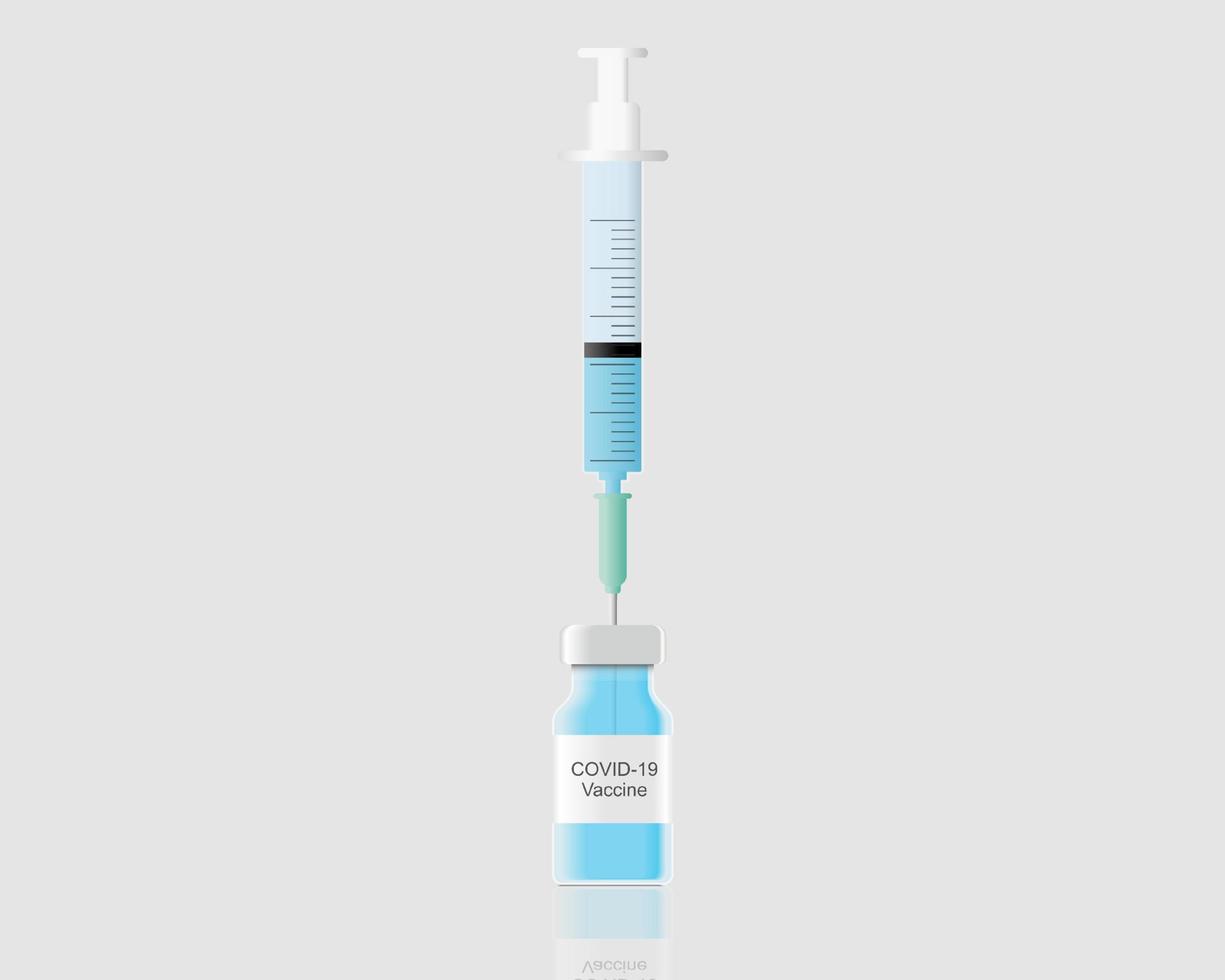 Close up of 3d syringe with vaccine bottle isolated on white background. Medicine injection drug. Medication drug needle cutout. health care medical equipment vector illustration.