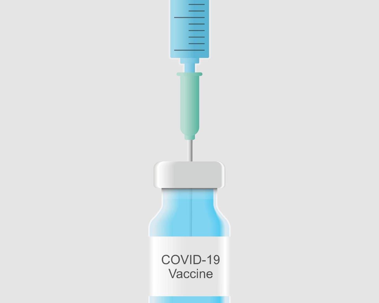 Close up of 3d syringe with vaccine bottle isolated on white background. Medicine injection drug. Medication drug needle cutout. health care medical equipment vector illustration.