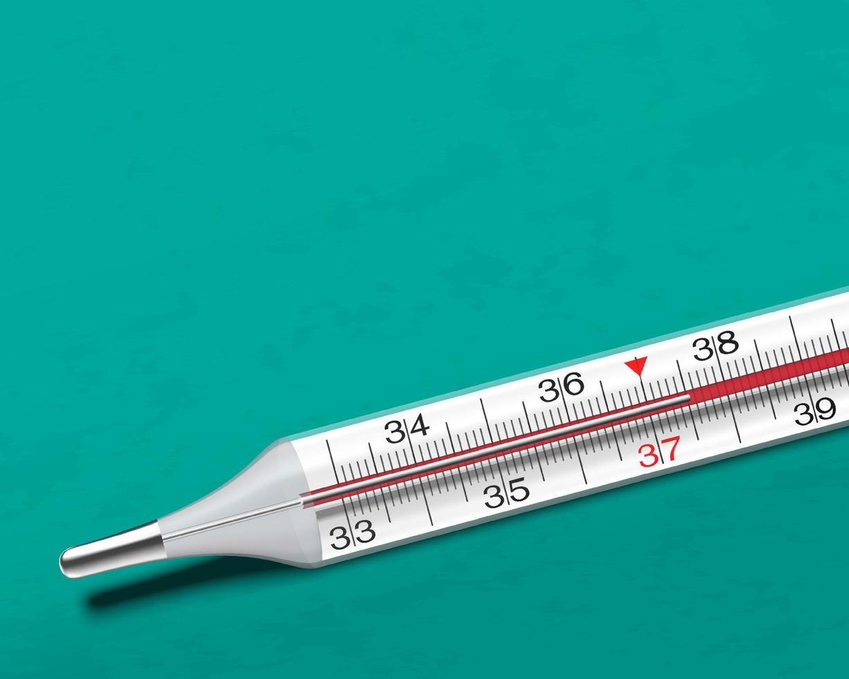 Close up of 3d medical thermometer with standard human temporature at 37 degree and arrow in red color. Fever test. Heat checking. health care equipment vector illustration.