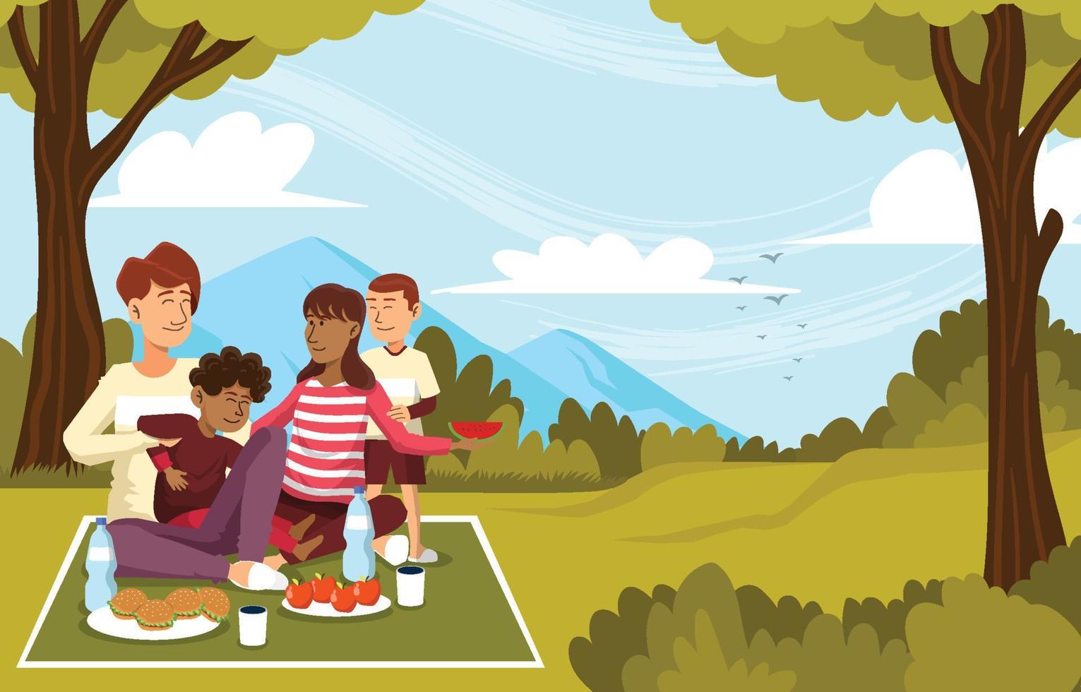 familia interracial con un fondo de picnic vector