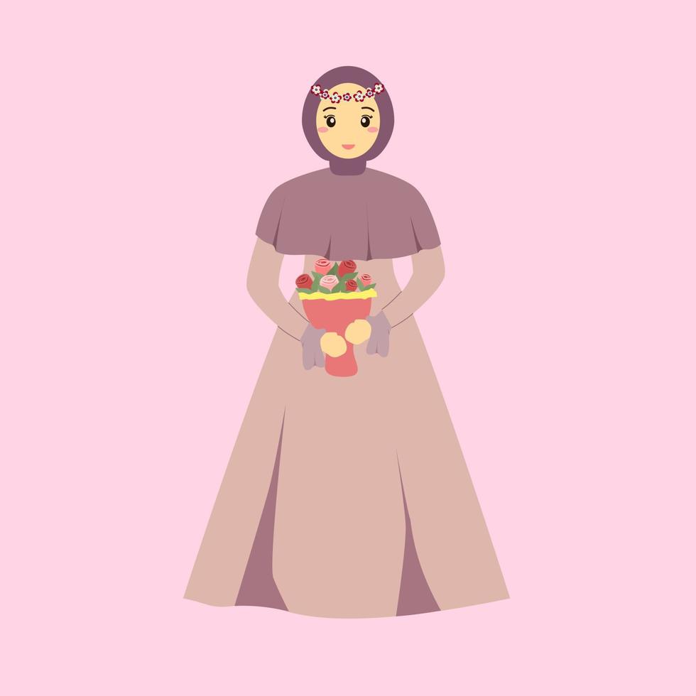 novias hijab con vestido morado y flor rosa bouqet vector