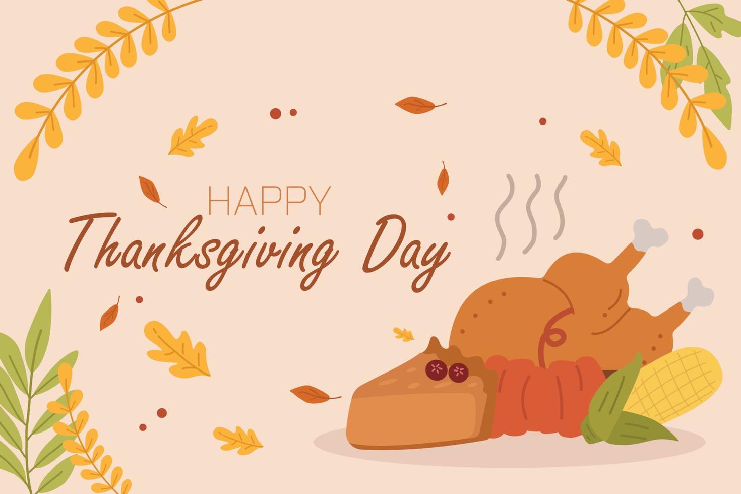 Thanksgiving typography with grilled chicken, pumpkins, leaves in fall colors. vector